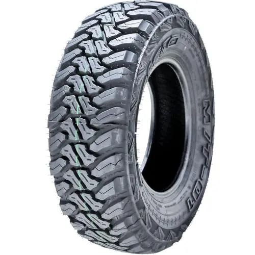 Accelera M/T-01 mud terrain tire with a black sidewall and blocky open tread, listed in a 15 inch light truck size