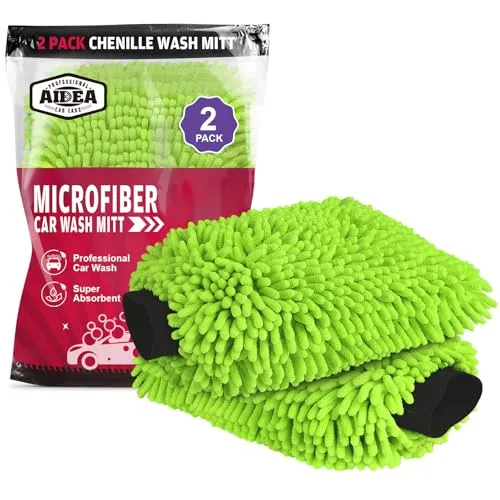 Two green AIDEA double sided microfiber car wash mitts with elastic wrist cuffs