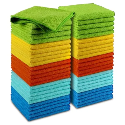 AIDEA 50 pack of 12 by 12 inch microfiber cleaning cloths in yellow, blue and green