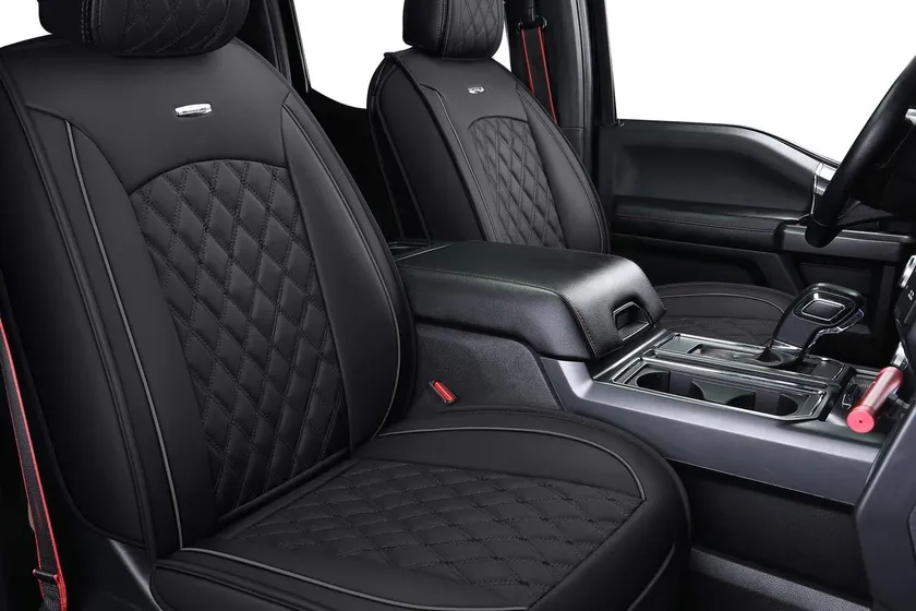 Black Aierxuan waterproof faux leather full set seat covers installed in a Ford F-150 crew cab