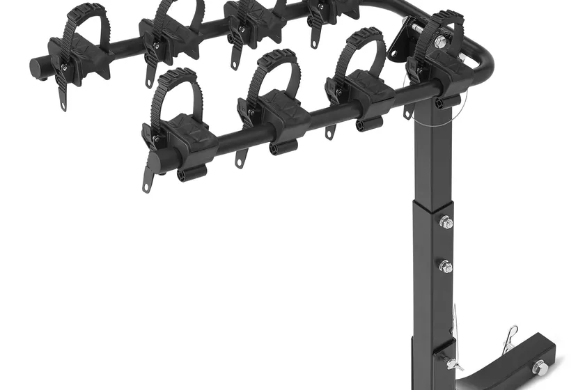 Amazon Basics black steel four bike hanging hitch rack with folding carry arms