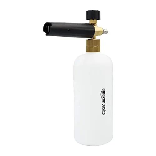 Amazon Basics snow foam lance with a brass body and a clear one liter soap bottle