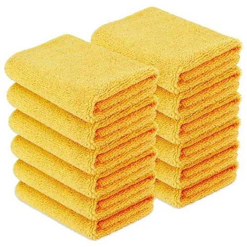 Stack of yellow Amazon Basics 16 by 16 inch microfiber car drying towels from the 12 pack