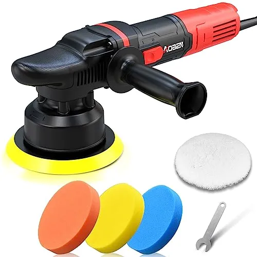 AOBEN red and black six inch dual action car polisher with side handle, three foam pads and a synthetic wool pad