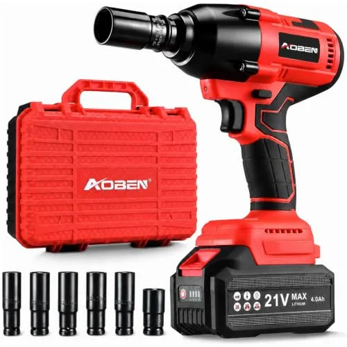 AOBEN AB7337B 1/2 inch cordless impact wrench with a 4.0Ah battery, charger, six sockets and a storage case