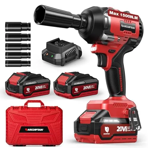 ARCCAPTAIN black and red 1/2 inch cordless impact wrench with two batteries, five sockets and a toolbox