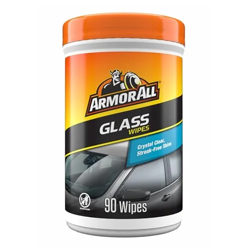 Armor All Car Glass Wipes 90 count canister with a wipe pulled from the lid