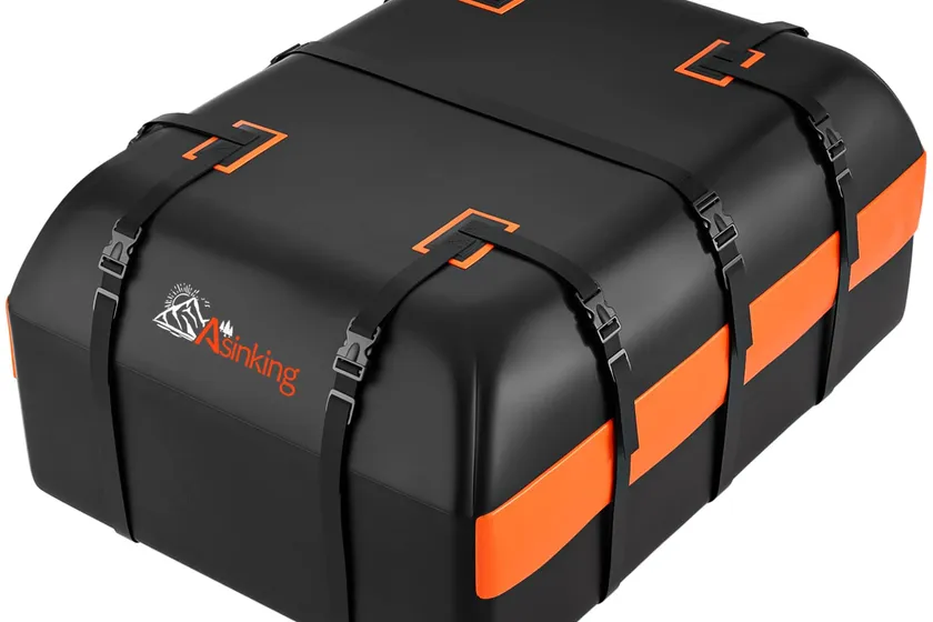 Asinking black 840D waterproof rooftop cargo bag with door hooks and anti-slip mat mounted on a car roof without a rack