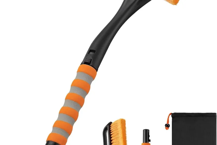 Orange AstroAI 27 inch snow brush with a detachable ice scraper head and padded foam grip