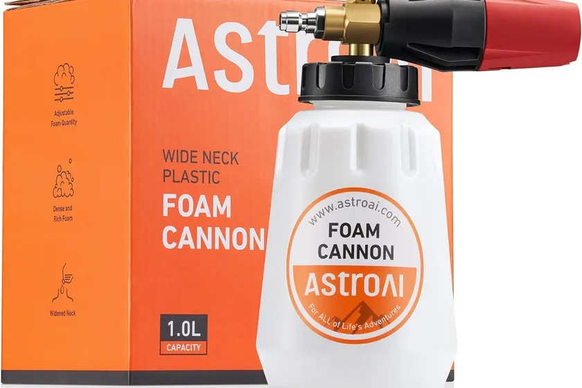 AstroAI foam cannon with a wide mouth one liter bottle, brass valve and a rotating spray nozzle