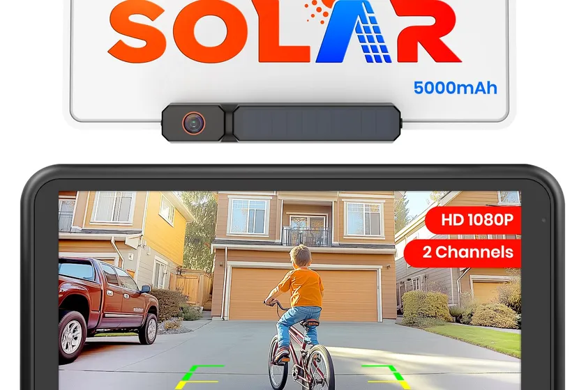 AUTO-VOX solar powered wireless backup camera with a small solar panel on top and a 5 inch monitor