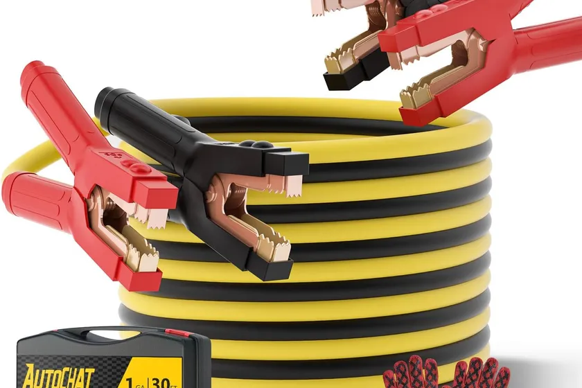 AutoChat 1 gauge 30 foot jumper cables with large alligator clamps, carry case, gloves and brushes