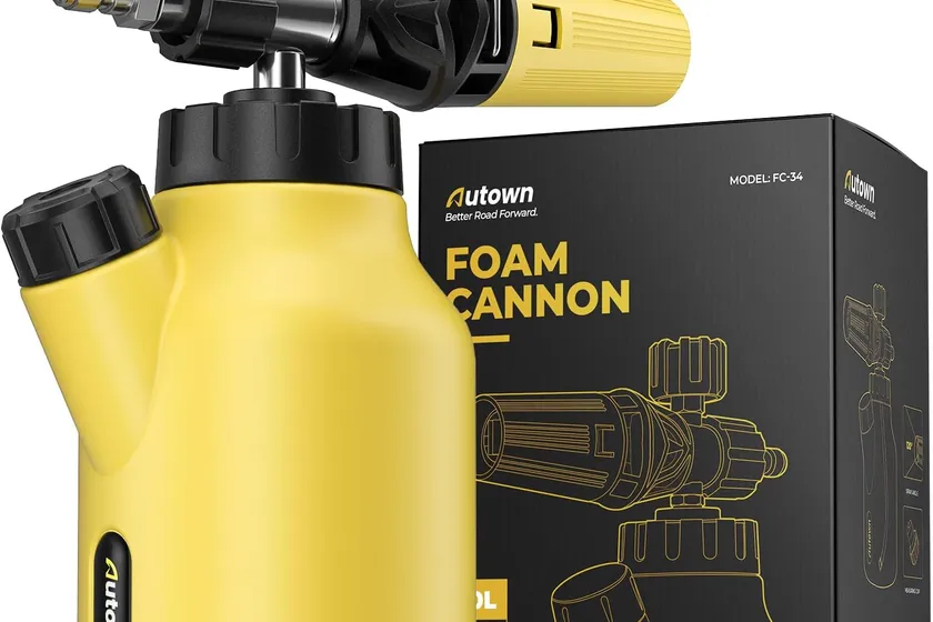 AUTOWN yellow foam cannon showing its wide neck, side filling port and built in measuring cup