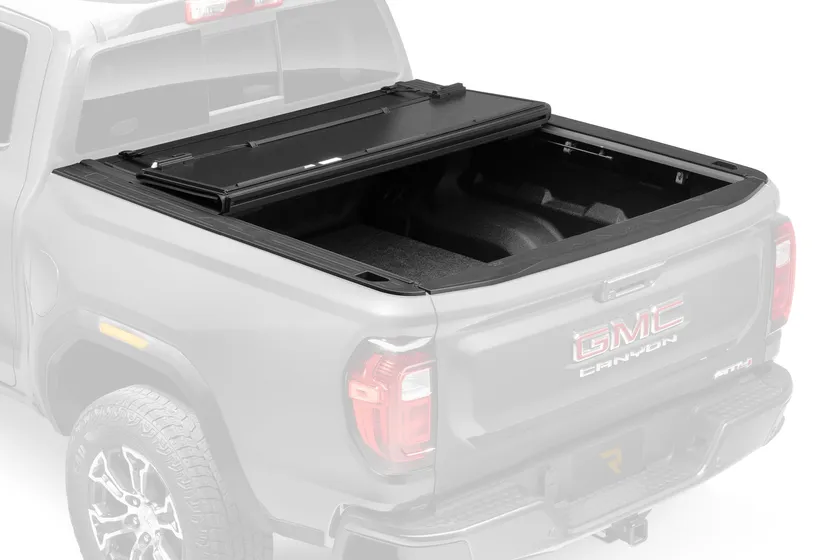 BAK BAKFlip G2 hard folding tonneau cover with one panel flipped open on a truck bed
