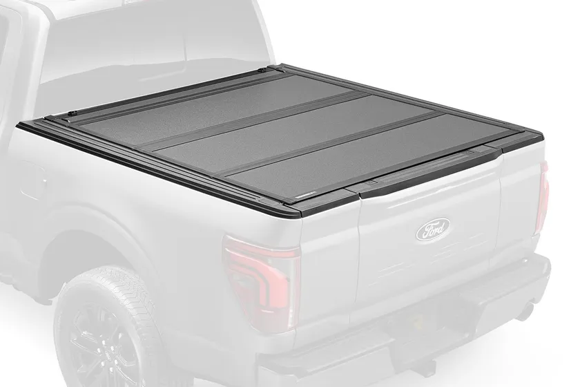 BAK BAKFlip MX4 hard folding tonneau cover with matte black panels shown on a Ford F-150 bed