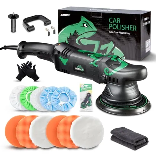 BATOCA T1 dual action polisher in green and black with a five inch foam pad fitted and spare wool pads beside it