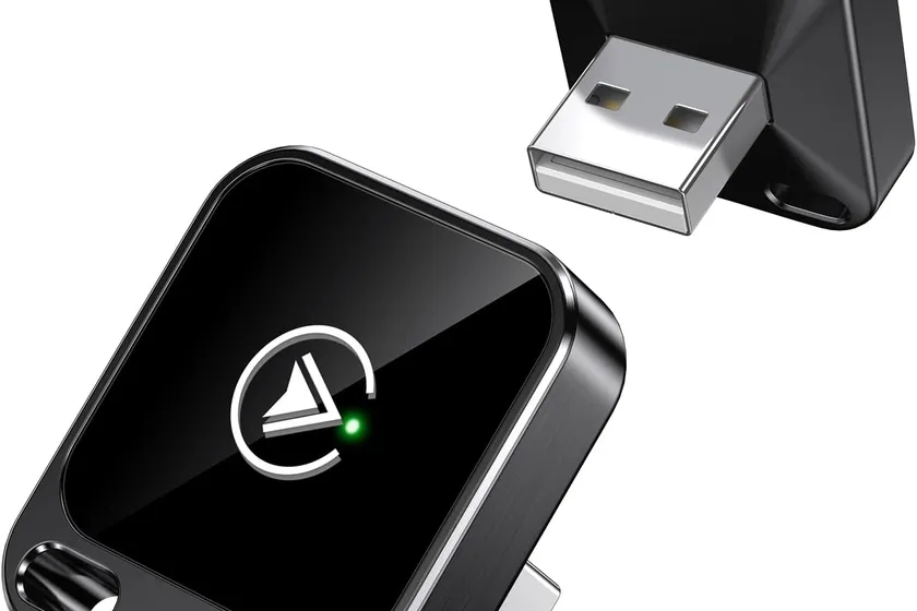 Beamlit 2-in-1 wireless CarPlay and Android Auto adapter in Meteorite Black with its USB-C adapter and USB-A extension cable