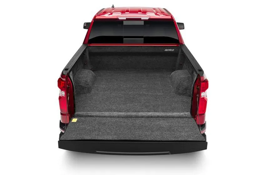 BedRug Classic BRC19CCK charcoal grey carpeted bed liner installed in a Chevy Silverado 1500 bed