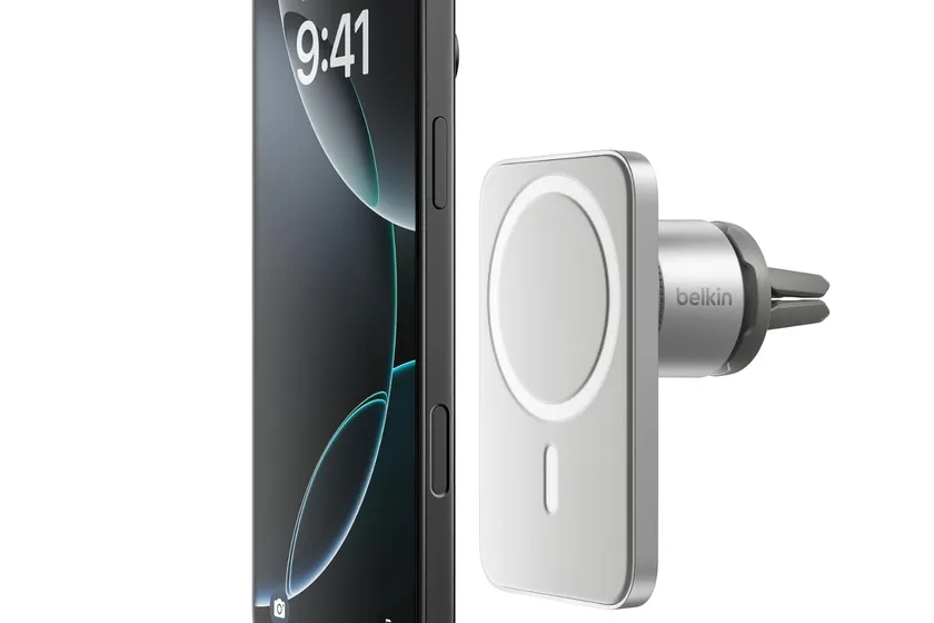 Belkin Magnetic Vent Mount Pro black magnetic phone holder clipped to a car air vent