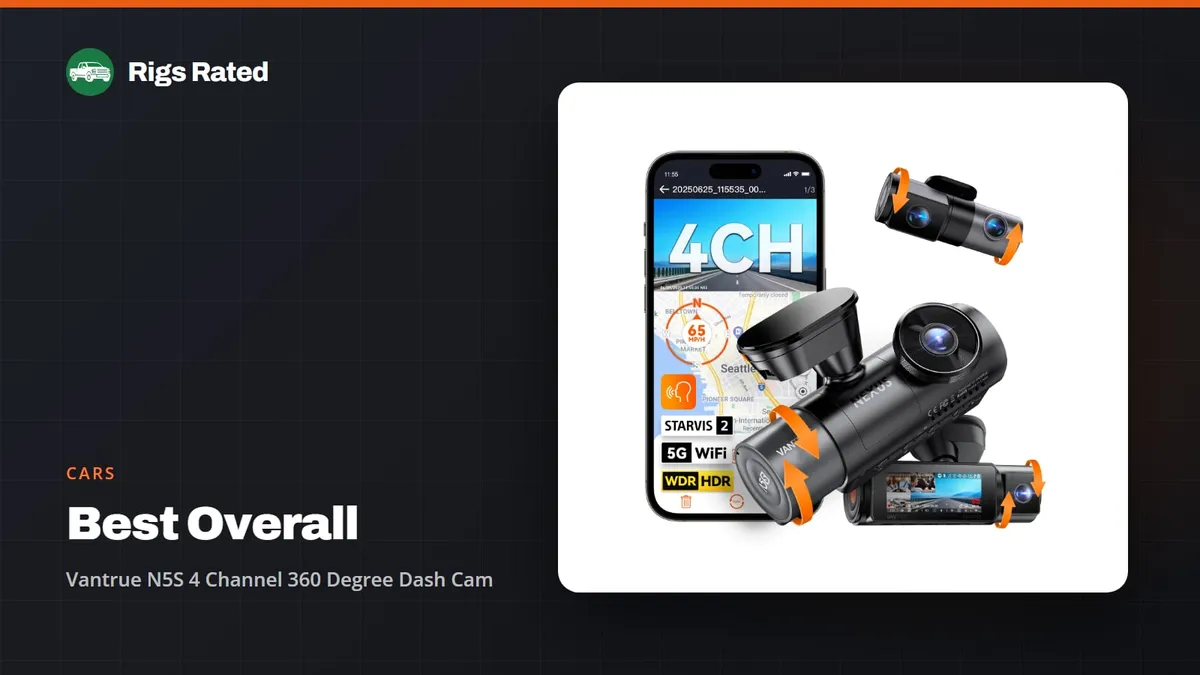 Vantrue N5S 4 Channel 360 Degree Dash Cam, the best overall in our cars guide, on a Rigs Rated backdrop