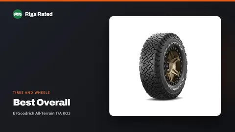 BFGoodrich All-Terrain T/A KO3, the best overall in our tires and wheels guide, on a Rigs Rated backdrop