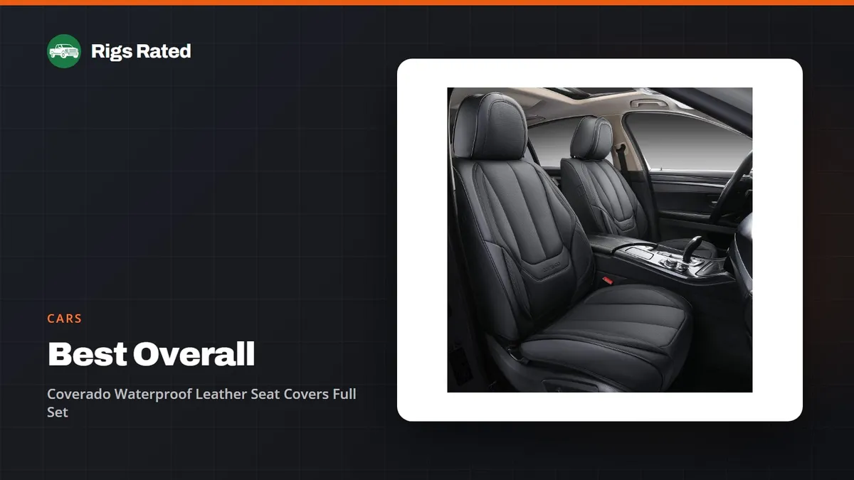 Coverado Waterproof Leather Seat Covers Full Set, the best overall in our cars guide, on a Rigs Rated backdrop
