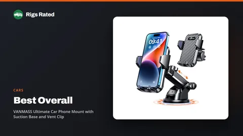 VANMASS Ultimate Car Phone Mount with Suction Base and Vent Clip, the best overall in our cars guide, on a Rigs Rated backdrop