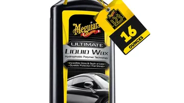 Bottle of Meguiar's Ultimate Liquid Wax with its microfiber towel and applicator pad, the top pick in this guide