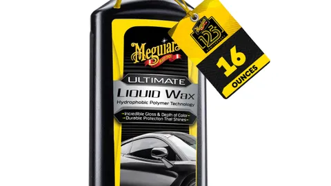 Bottle of Meguiar's Ultimate Liquid Wax with its microfiber towel and applicator pad, the top pick in this guide