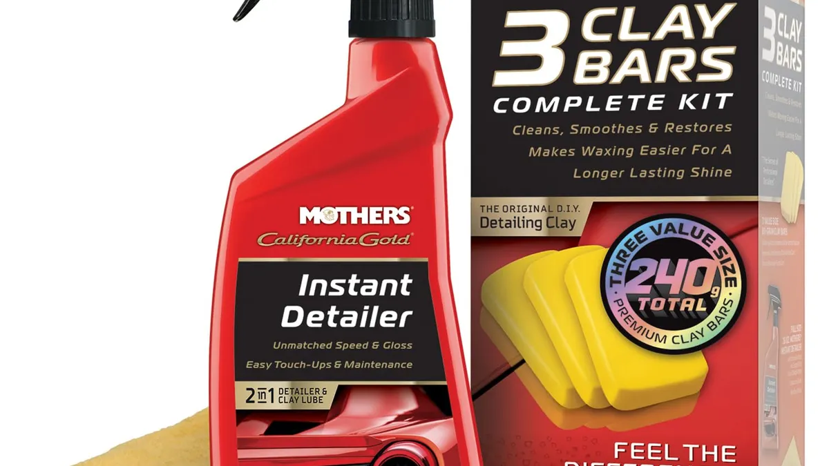 Mothers California Gold clay bar kit with three clay bars, detailer spray and a microfiber towel