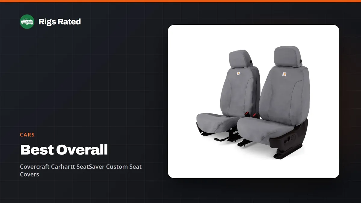 Covercraft Carhartt SeatSaver Custom Seat Covers, the best overall in our cars guide, on a Rigs Rated backdrop