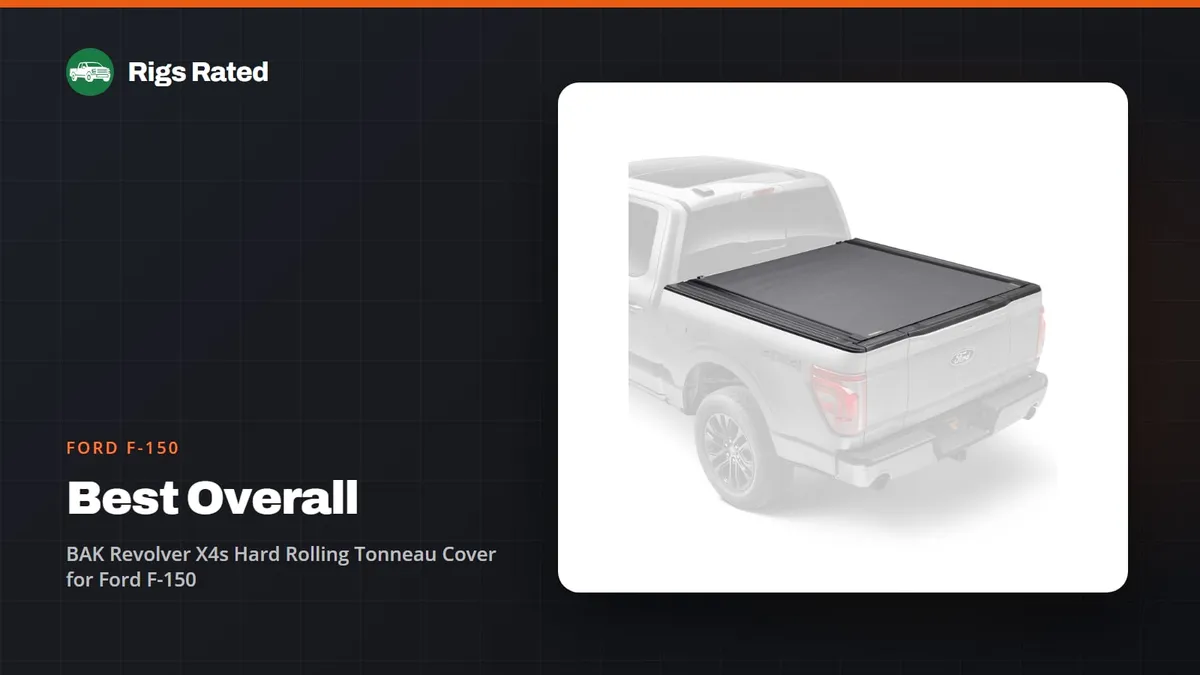 BAK Revolver X4s Hard Rolling Tonneau Cover for Ford F-150, the best overall in our ford f-150 guide, on a Rigs Rated backdrop