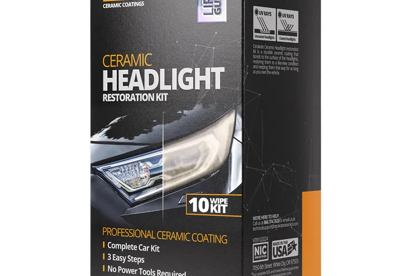 Cerakote ceramic headlight restoration kit box with oxidation wipes, sanding discs and ceramic coating wipes
