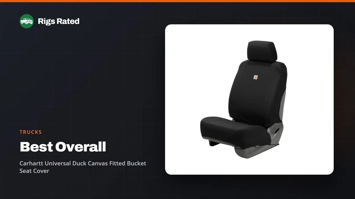Carhartt Universal Duck Canvas Fitted Bucket Seat Cover, the best overall in our trucks guide, on a Rigs Rated backdrop