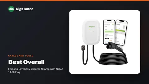 Emporia Level 2 EV Charger 48 Amp with NEMA 14-50 Plug, the best overall in our garage and tools guide, on a Rigs Rated backdrop