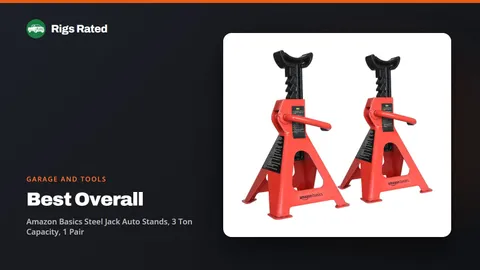 Amazon Basics Steel Jack Auto Stands, 3 Ton Capacity, 1 Pair, the best overall in our garage and tools guide, on a Rigs Rated backdrop