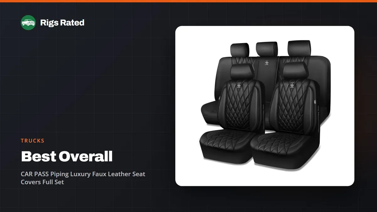 CAR PASS Piping Luxury Faux Leather Seat Covers Full Set, the best overall in our trucks guide, on a Rigs Rated backdrop