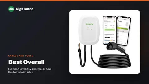 EMPORIA Level 2 EV Charger, 48 Amp Hardwired with Whip, the best overall in our garage and tools guide, on a Rigs Rated backdrop