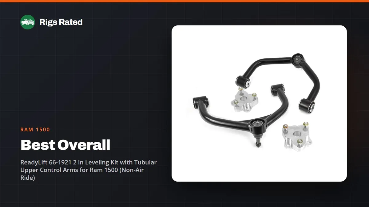ReadyLift 66-1921 2 in Leveling Kit with Tubular Upper Control Arms for Ram 1500 (Non-Air Ride), the best overall in our ram 1500 guide, on a Rigs Rated backdrop
