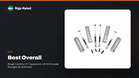 Rough Country 2.5" Suspension Lift Kit for Jeep Wrangler JK Unlimited, the best overall in our jeep guide, on a Rigs Rated backdrop
