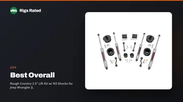 Rough Country 2.5" Lift Kit w/ N3 Shocks for Jeep Wrangler JL, the best overall in our jeep guide, on a Rigs Rated backdrop