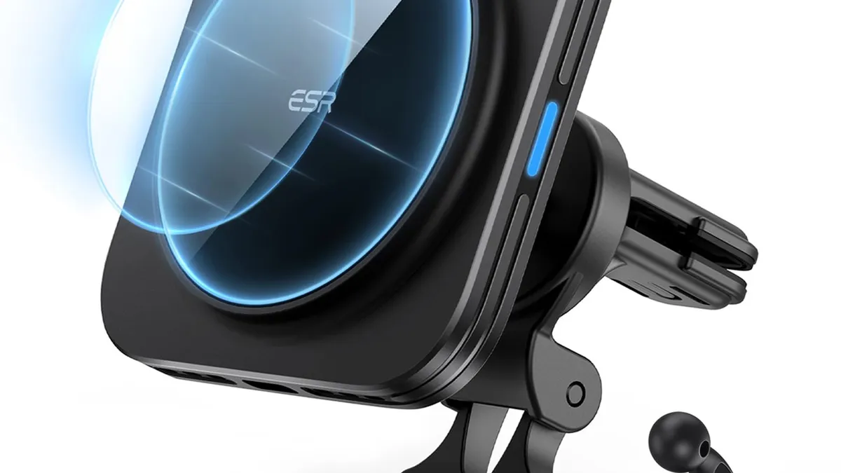 Magnetic MagSafe car mount holding an iPhone on a car air vent