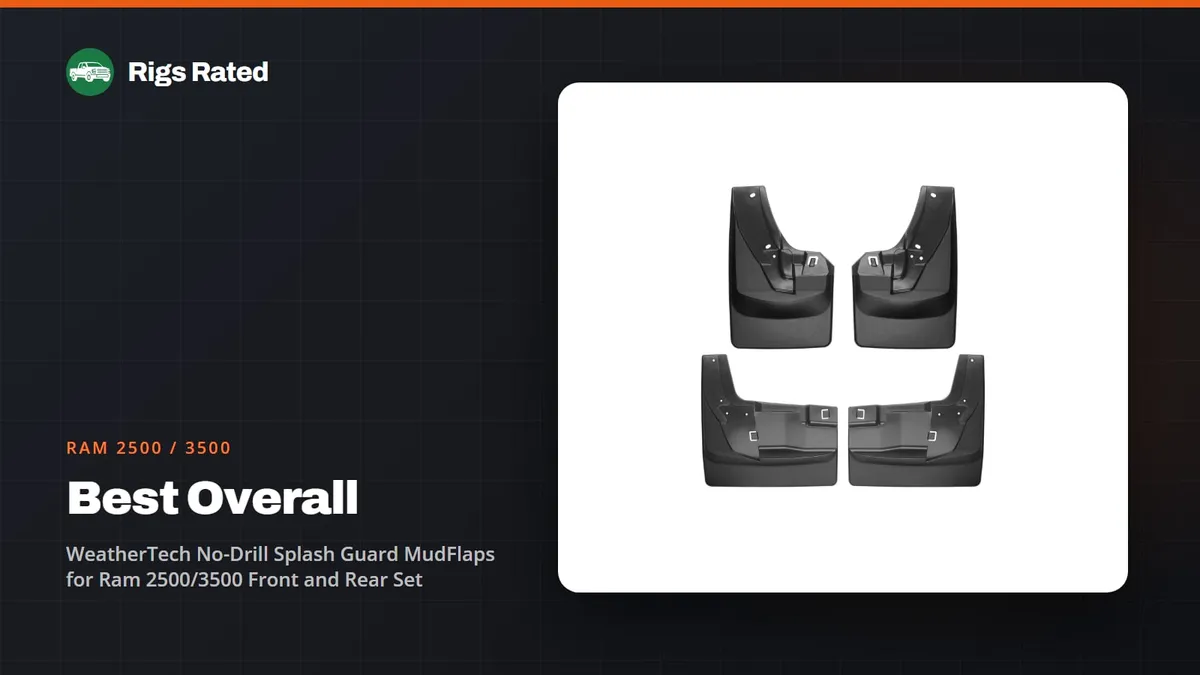 WeatherTech No-Drill Splash Guard MudFlaps for Ram 2500/3500 Front and Rear Set, the best overall in our ram 2500 / 3500 guide, on a Rigs Rated backdrop
