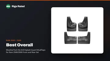 WeatherTech No-Drill Splash Guard MudFlaps for Ram 2500/3500 Front and Rear Set, the best overall in our ram 2500 / 3500 guide, on a Rigs Rated backdrop