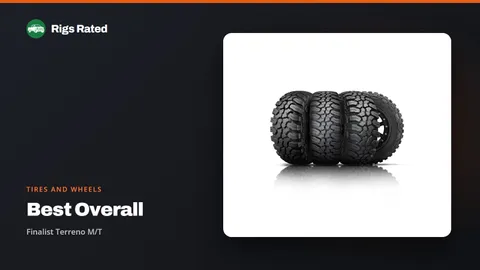 Finalist Terreno M/T, the best overall in our tires and wheels guide, on a Rigs Rated backdrop