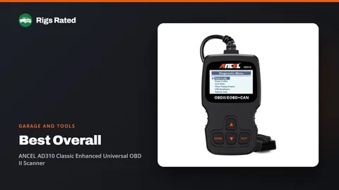 ANCEL AD310 Classic Enhanced Universal OBD II Scanner, the best overall in our garage and tools guide, on a Rigs Rated backdrop