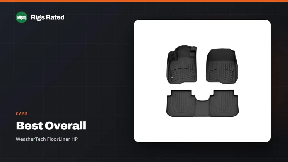 WeatherTech FloorLiner HP, the best overall in our cars guide, on a Rigs Rated backdrop