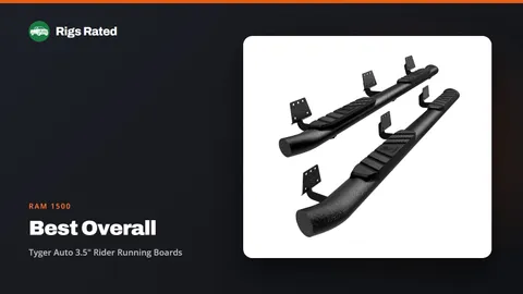 Tyger Auto 3.5" Rider Running Boards, the best overall in our ram 1500 guide, on a Rigs Rated backdrop