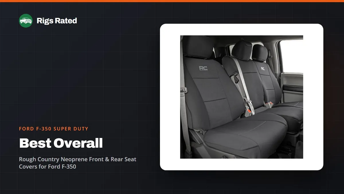 Rough Country Neoprene Front & Rear Seat Covers for Ford F-350, the best overall in our ford f-350 super duty guide, on a Rigs Rated backdrop