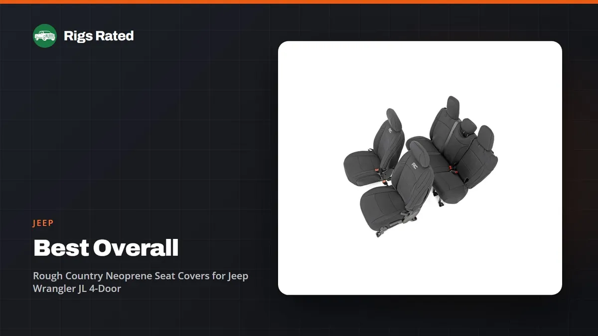 Rough Country Neoprene Seat Covers for Jeep Wrangler JL 4-Door, the best overall in our jeep guide, on a Rigs Rated backdrop